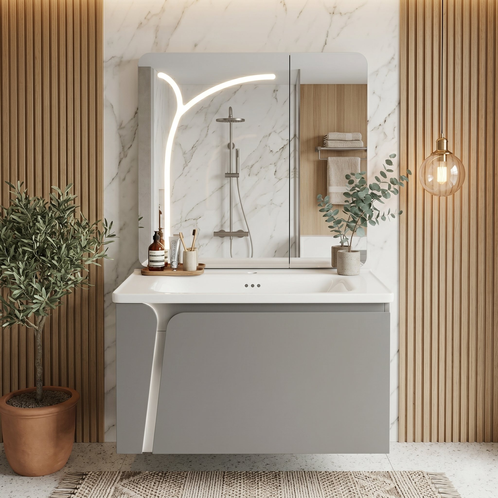 Bộ Tủ Chậu Lavabo Xám Ghi Gương LED Họa Tiết Nhánh Cây | Lavabo Bình Dương - Ngọc Thúy Home