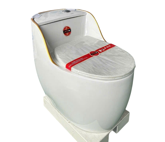 Bồn Cầu Một Khối Hình Trứng Trắng Viền Vàng | Thiết Bị Vệ Sinh Bình Dương - Ngọc Thúy Home