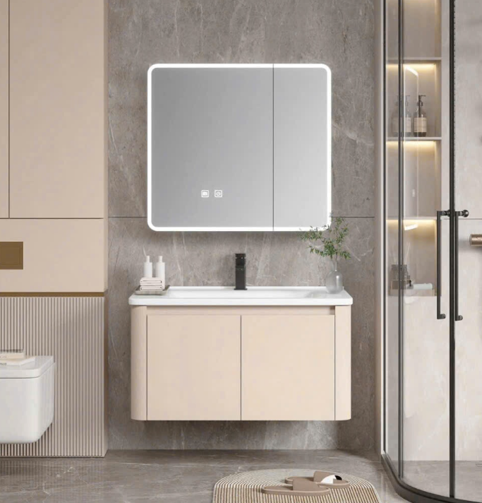Bộ Tủ Chậu Lavabo Màu Kem (Nude) Tủ Gương LED Bo Tròn | Lavabo Bình Dương - Ngọc Thúy Home