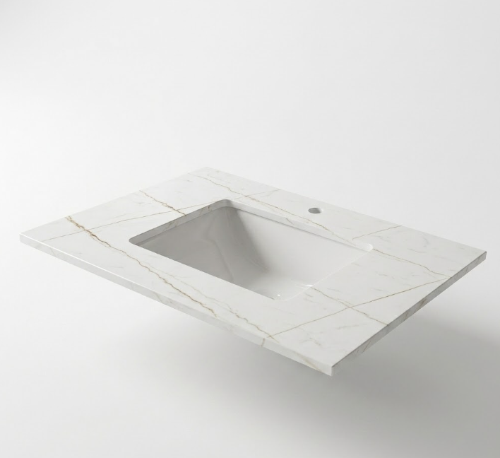 Combo Mặt Bàn Đá Chống Trầy Trắng Vân Mây & Chậu Lavabo Âm Bàn LB 39 | Lavabo Bình Dương