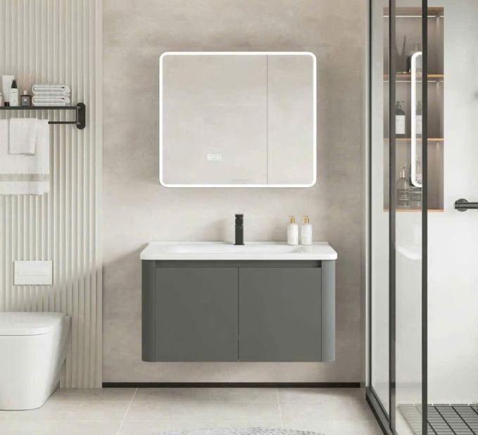 Bộ Tủ Chậu Lavabo Xám Ghi Tủ Gương LED Bo Tròn | Lavabo Bình Dương - Ngọc Thúy Home