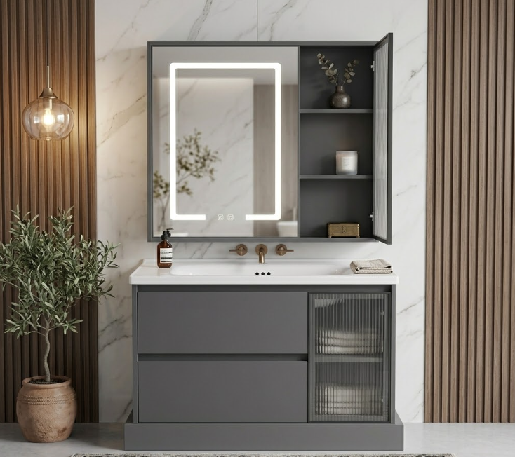 Bộ Tủ Chậu Lavabo Cánh Kính Sọc Màu Xám Ghi | Lavabo Bình Dương - Ngọc Thúy Home