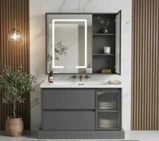 Bộ Tủ Chậu Lavabo Cánh Kính Sọc Màu Xám Ghi | Lavabo Bình Dương - Nội Thất Ngọc Thúy