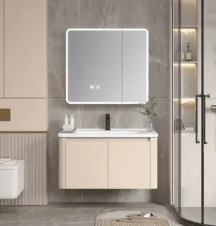 Bộ Tủ Chậu Lavabo Màu Kem (Nude) Tủ Gương LED Bo Tròn | Lavabo Bình Dương - Nội Thất Ngọc Thúy