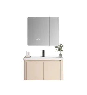 Hình ảnh Bộ Tủ Chậu Lavabo Màu Kem (Nude) Tủ Gương LED Bo Tròn | Lavabo Bình Dương