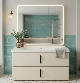 Bộ Tủ Chậu Lavabo Trắng Gương LED 2 Cánh | Lavabo Bình Dương - Nội Thất Ngọc Thúy