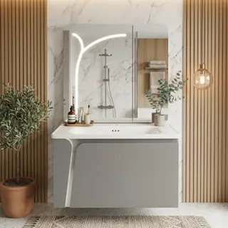 Bộ Tủ Chậu Lavabo Xám Ghi Gương LED Họa Tiết Nhánh Cây | Lavabo Bình Dương - Nội Thất Ngọc Thúy