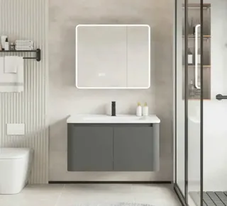 Bộ Tủ Chậu Lavabo Xám Ghi Tủ Gương LED Bo Tròn | Lavabo Bình Dương - Nội Thất Ngọc Thúy