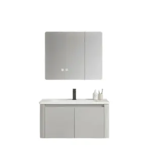 Hình ảnh Bộ Tủ Chậu Lavabo Xám Sáng Tủ Gương LED Bo Tròn | Lavabo Bình Dương