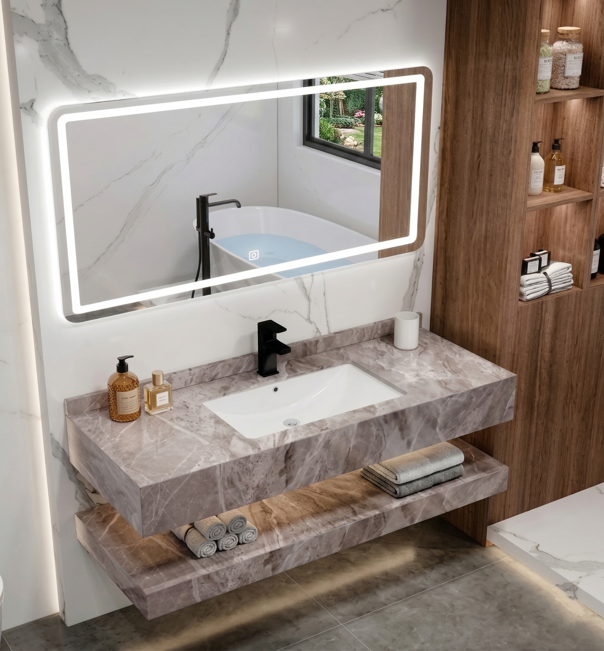 Bộ Bàn Đá Lavabo 2 Tầng Đá Bóng Vân Mây BĐ-79 | Lavabo Bình Dương - Ngọc Thúy Home