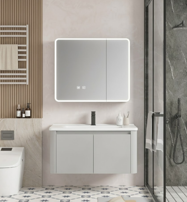 Bộ Tủ Chậu Lavabo Xám Sáng Tủ Gương LED Bo Tròn | Lavabo Bình Dương - Ngọc Thúy Home