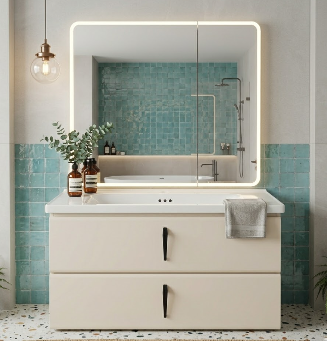 Bộ Tủ Chậu Lavabo Trắng Gương LED 2 Cánh | Lavabo Bình Dương - Ngọc Thúy Home